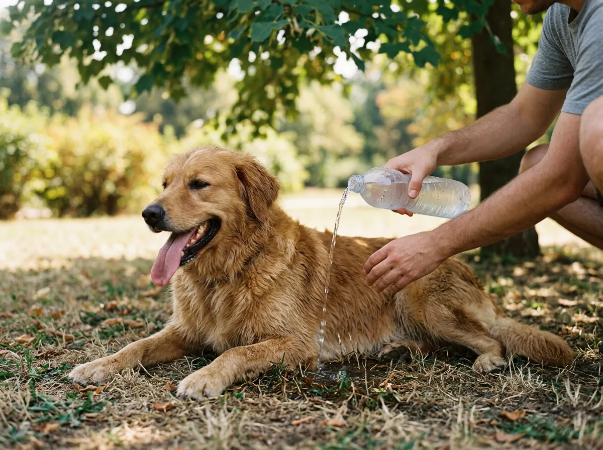 Keuchender Hund liegt im Schatten, während eine Person frisches Wasser auf seine Flanke giesst