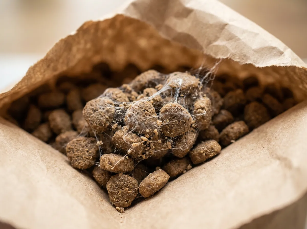 Croquettes pour chien agglomérées par de fins fils soyeux au fond d'un sac ouvert