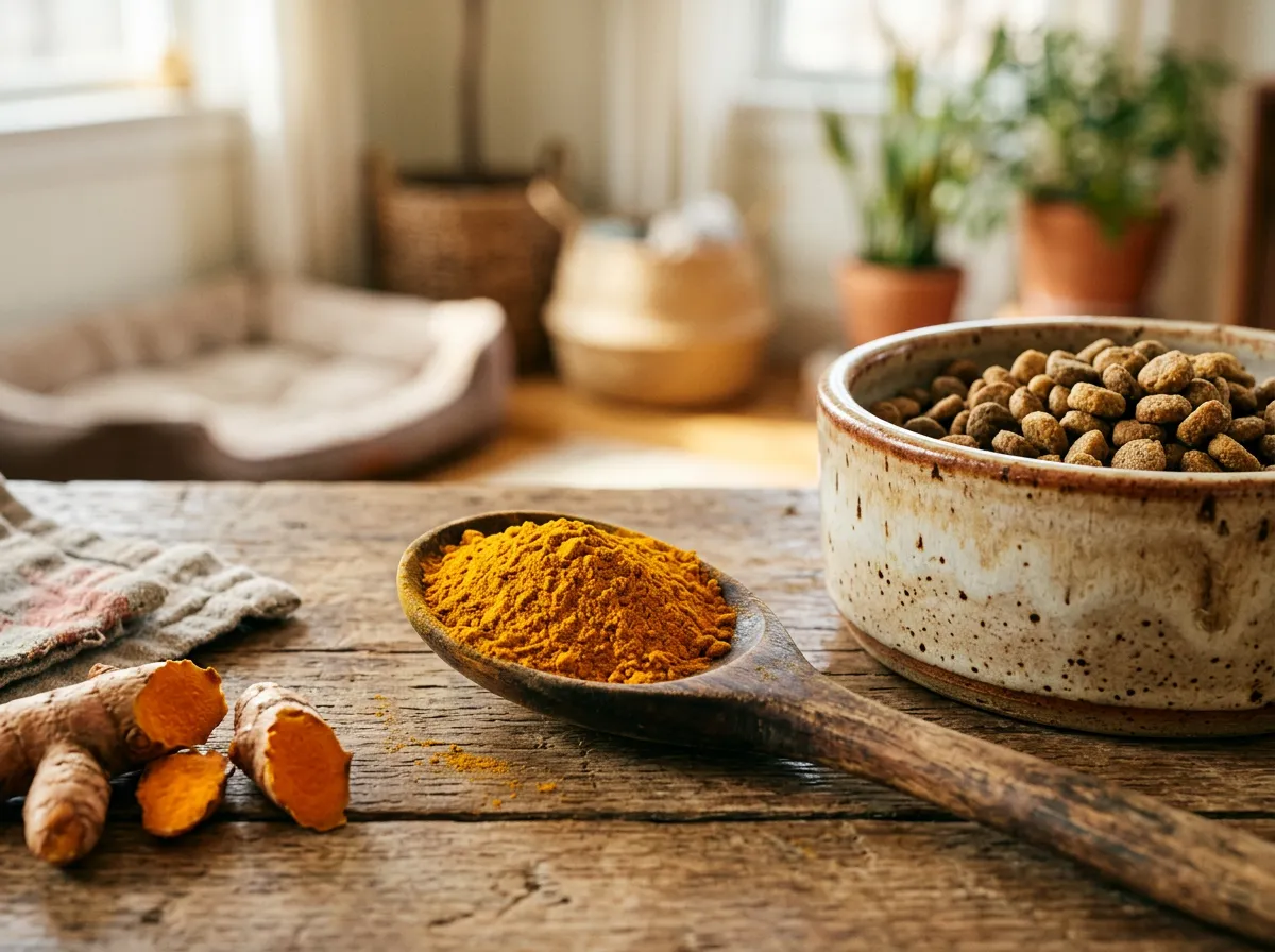 Poudre de curcuma dorée dans une cuillère en bois à côté d'une gamelle pour chien