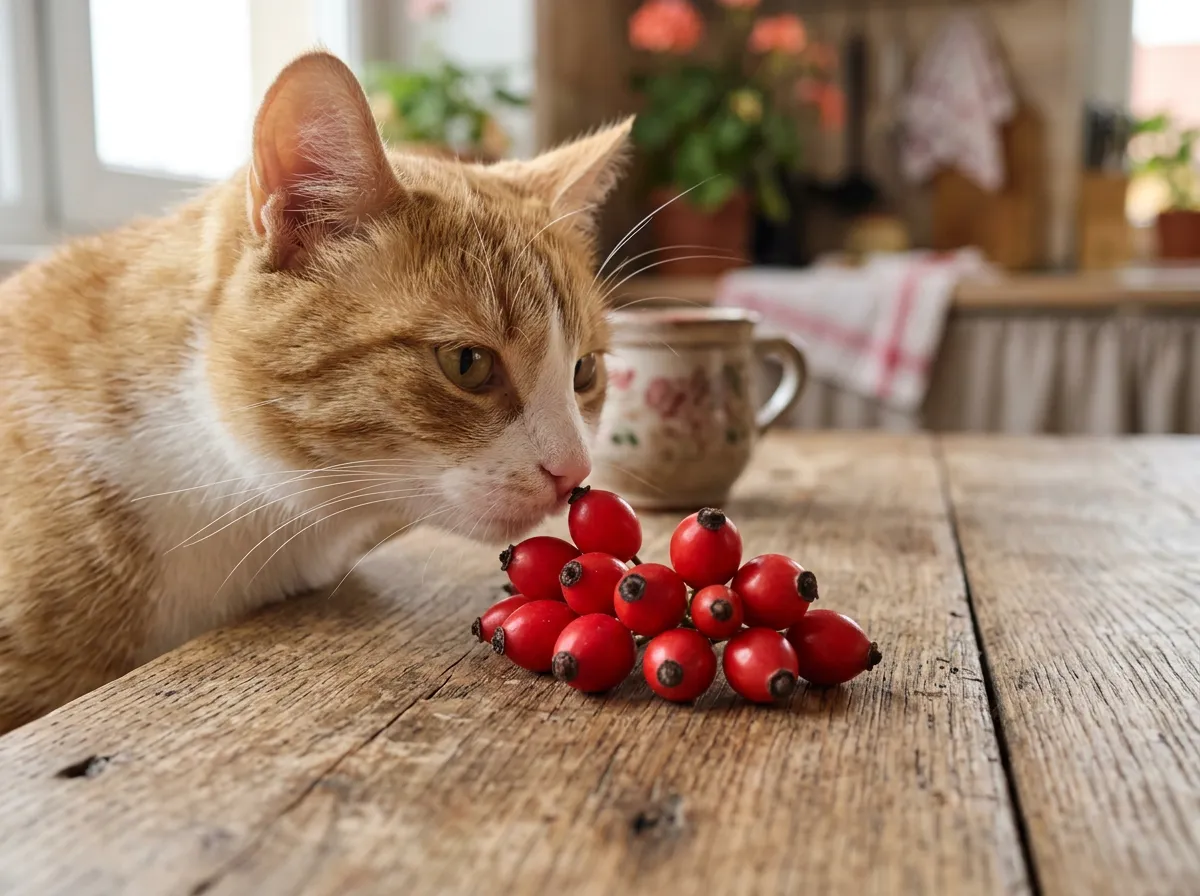 Chat curieux reniflant des fruits d'églantier rouges posés sur une table en bois