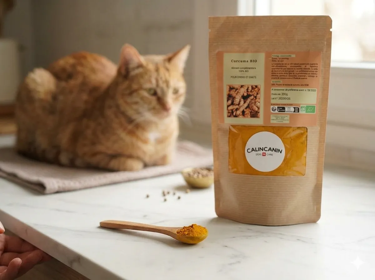 Petite cuillère en bois mesurant une dose minime de curcuma pour chat, avec le sachet Calincanin en arrière-plan