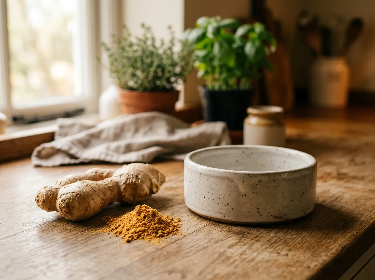 Racine et poudre de gingembre posées à côté d'une gamelle de chien sur une table en bois
