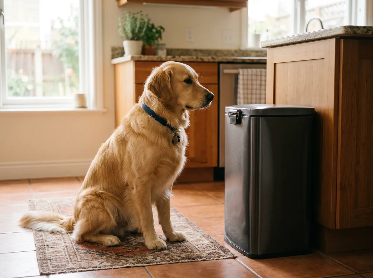 Golden retriever assis sagement devant une poubelle de cuisine fermée à couvercle