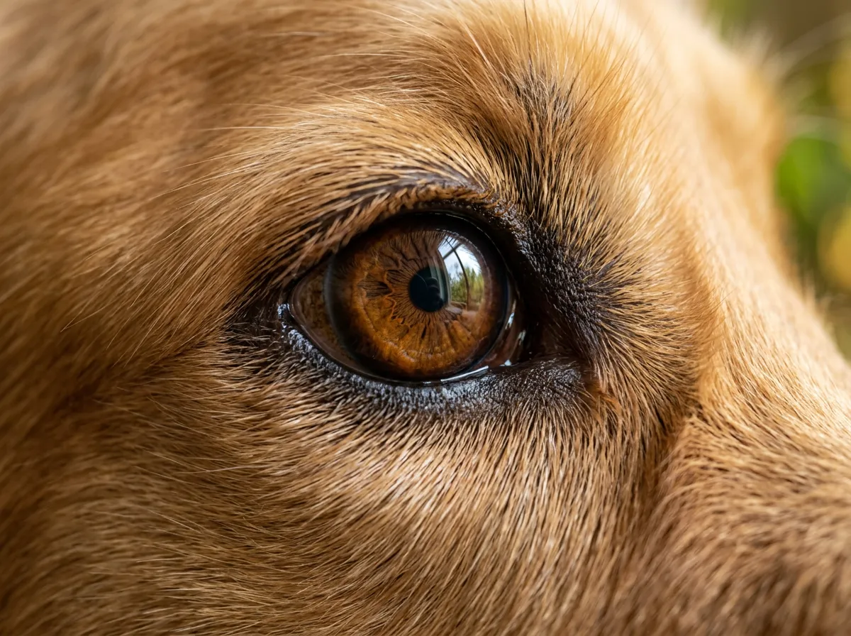 Gros plan sur un œil de chien sain, brillant et propre sans écoulement