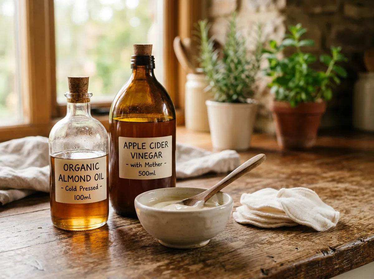 Huile d'amande et vinaigre de cidre posés sur un plan de travail en bois pour recette maison