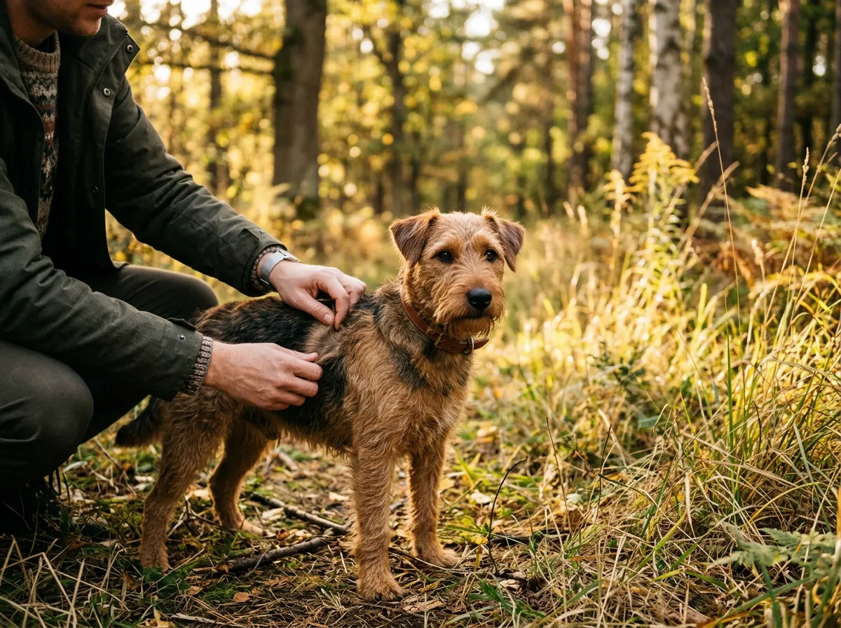 Chien de taille moyenne inspecté par son maître après une balade en lisière de forêt