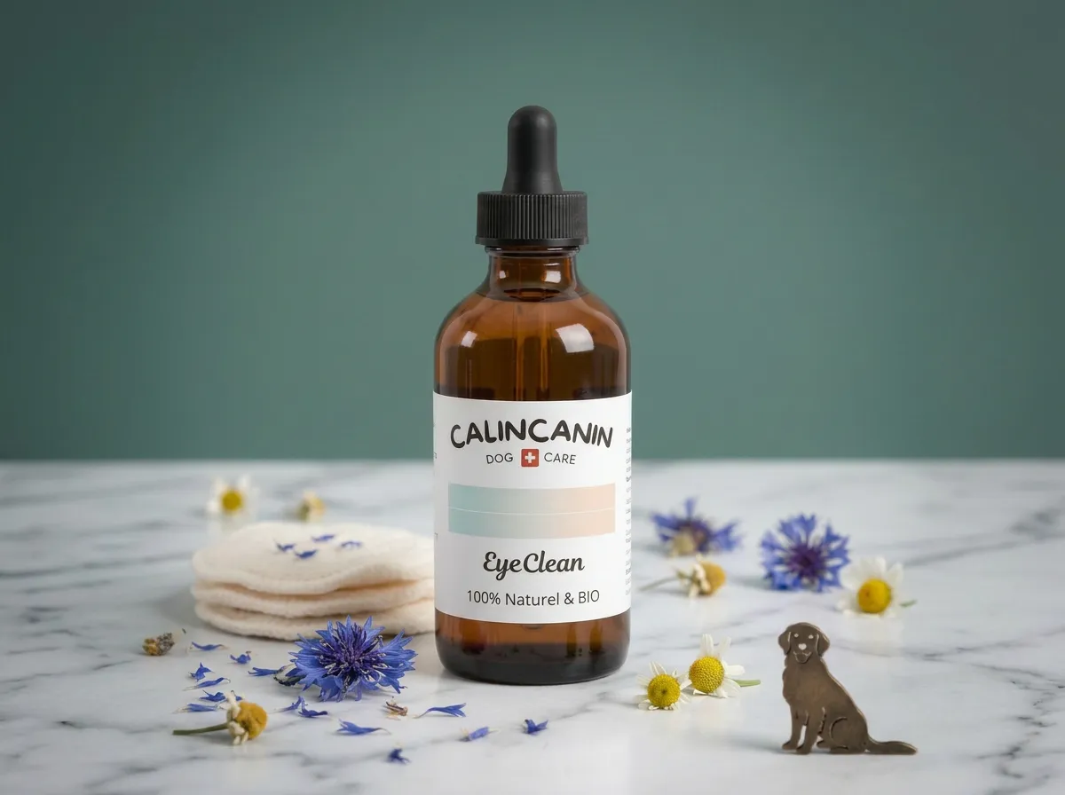 Flacon de lotion oculaire EyeClean et compresse en coton pour nettoyer les traces de larmes du chien
