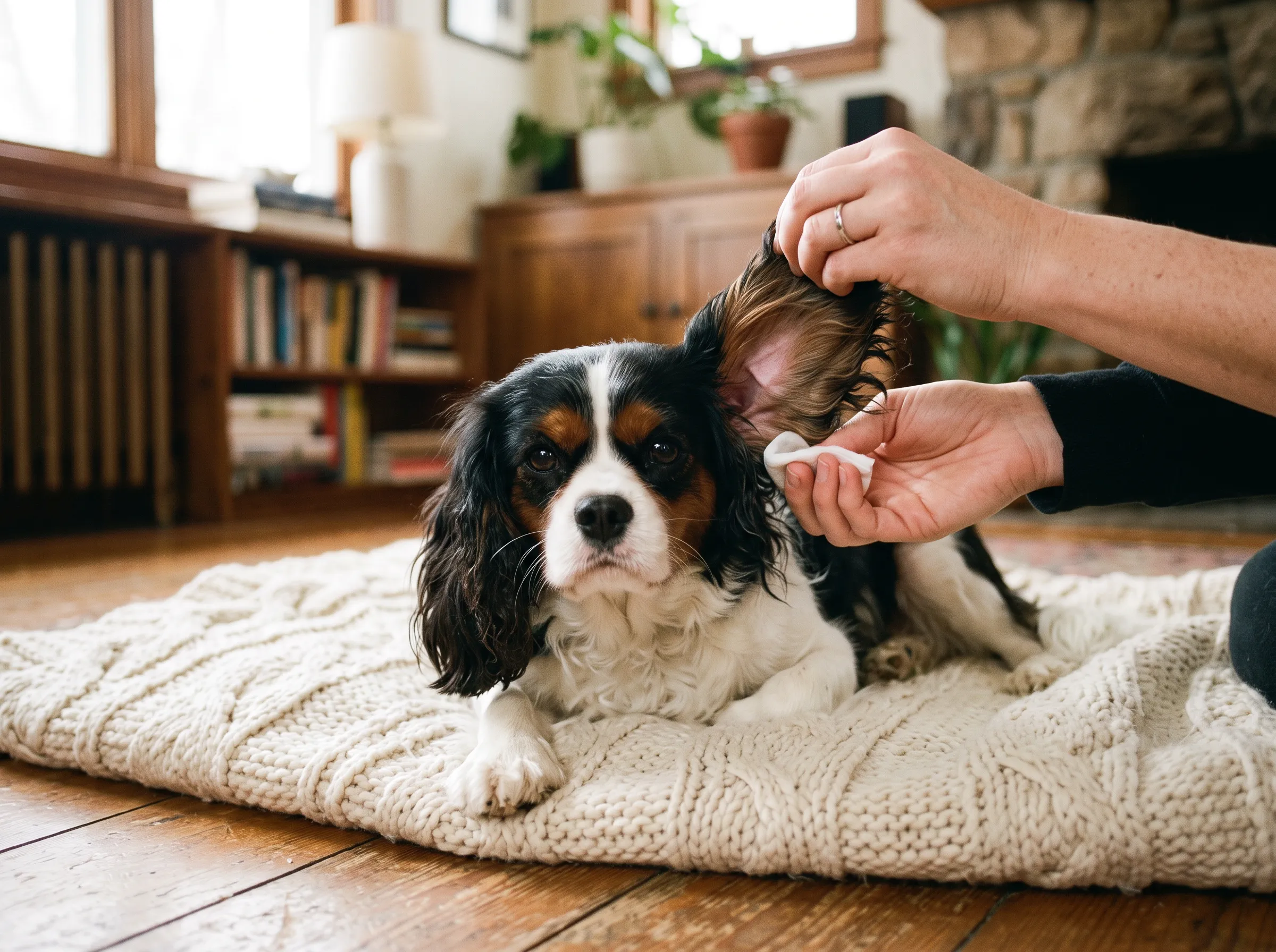 Hund mit Hängeohren, dem sein Halter sanft das Ohr reinigt