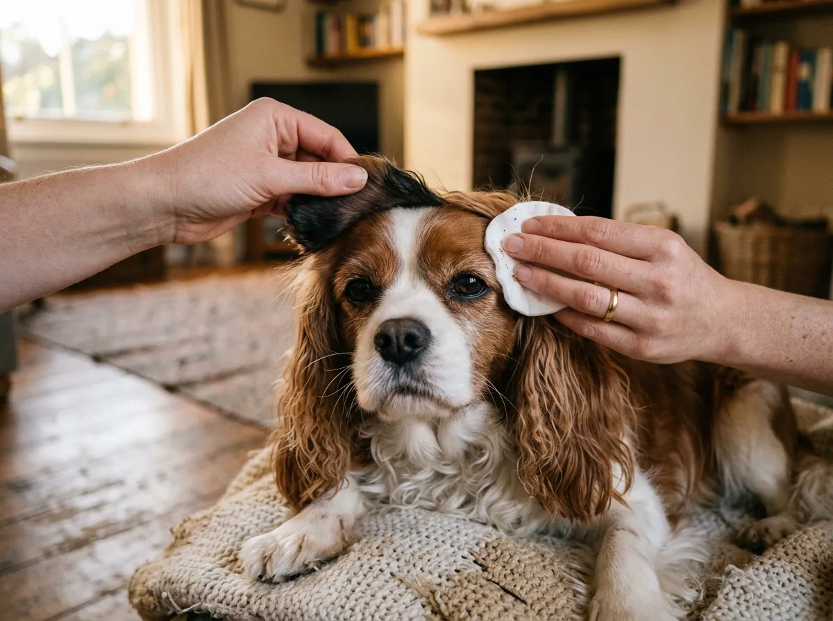 Chien aux oreilles tombantes se faisant nettoyer doucement l'oreille par son maître