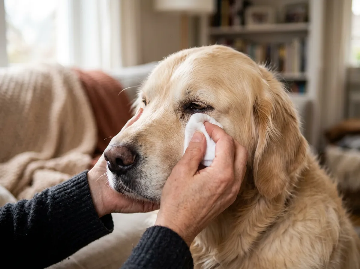 Nettoyage délicat du contour de l'œil d'un chien avec une compresse douce