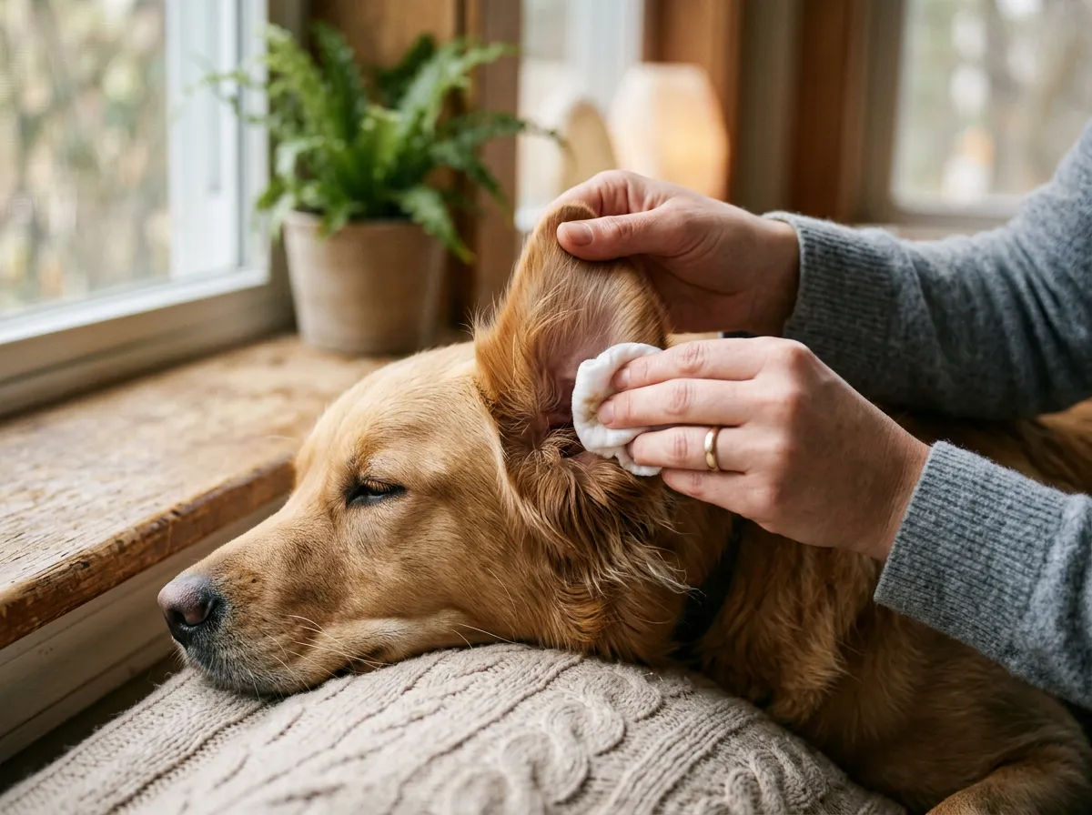 Mains nettoyant délicatement l'oreille d'un chien calme avec une compresse en coton