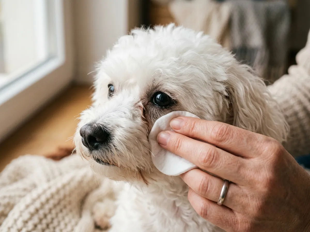 Nettoyage doux du pli sous l'œil d'un petit chien avec une compresse pour enlever les traces de larmes