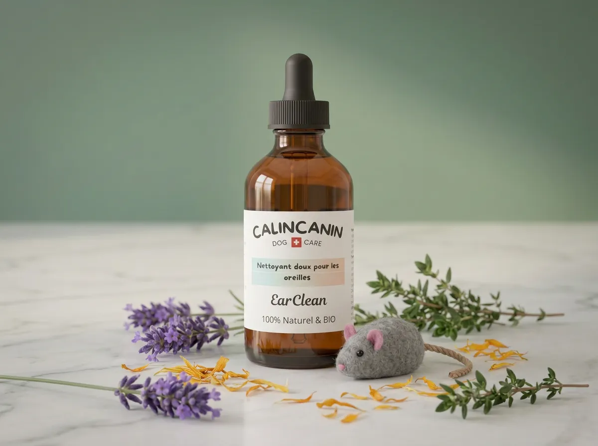 Flacon compte-gouttes EarClean nettoyant oreilles pour chat entouré de lavande, thym et souris en feutre