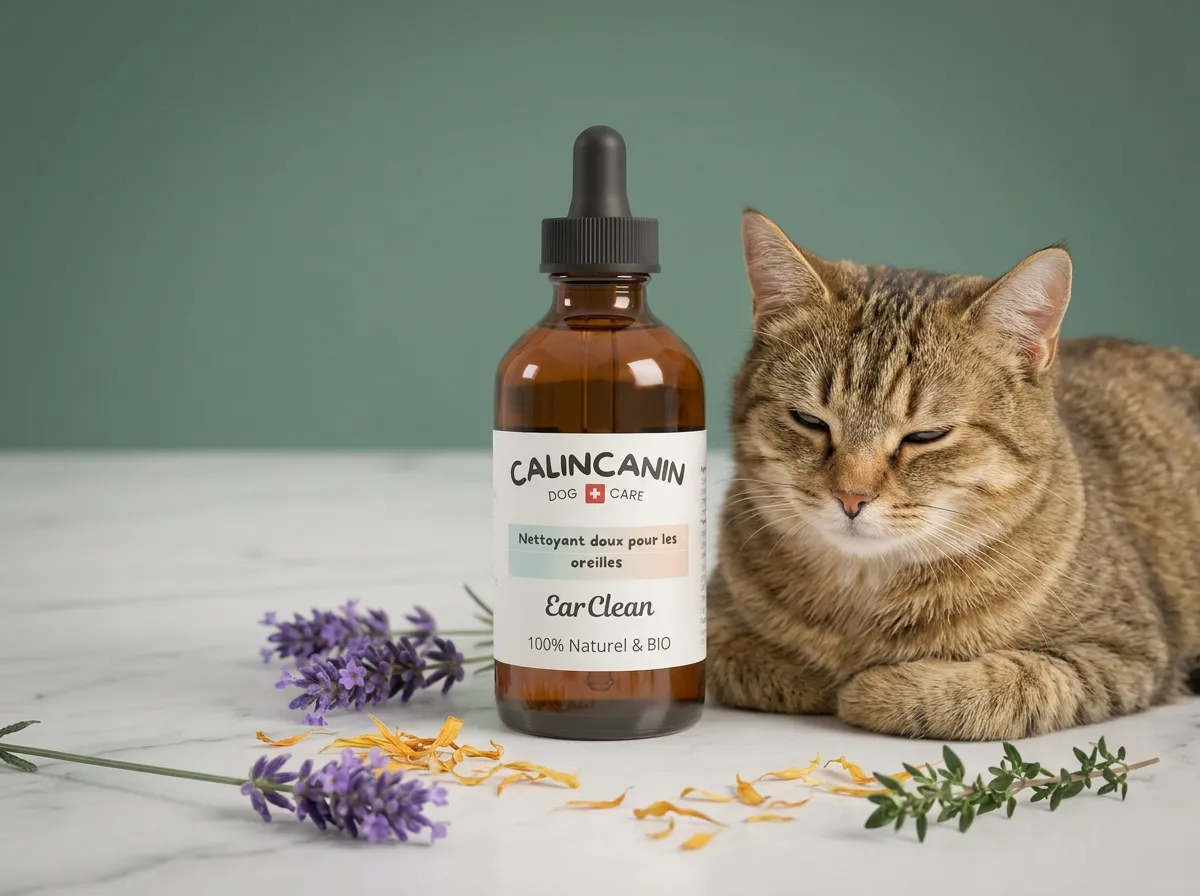 Flacon de nettoyant auriculaire naturel Calin-Canin posé près d'un chat détendu sur du marbre blanc