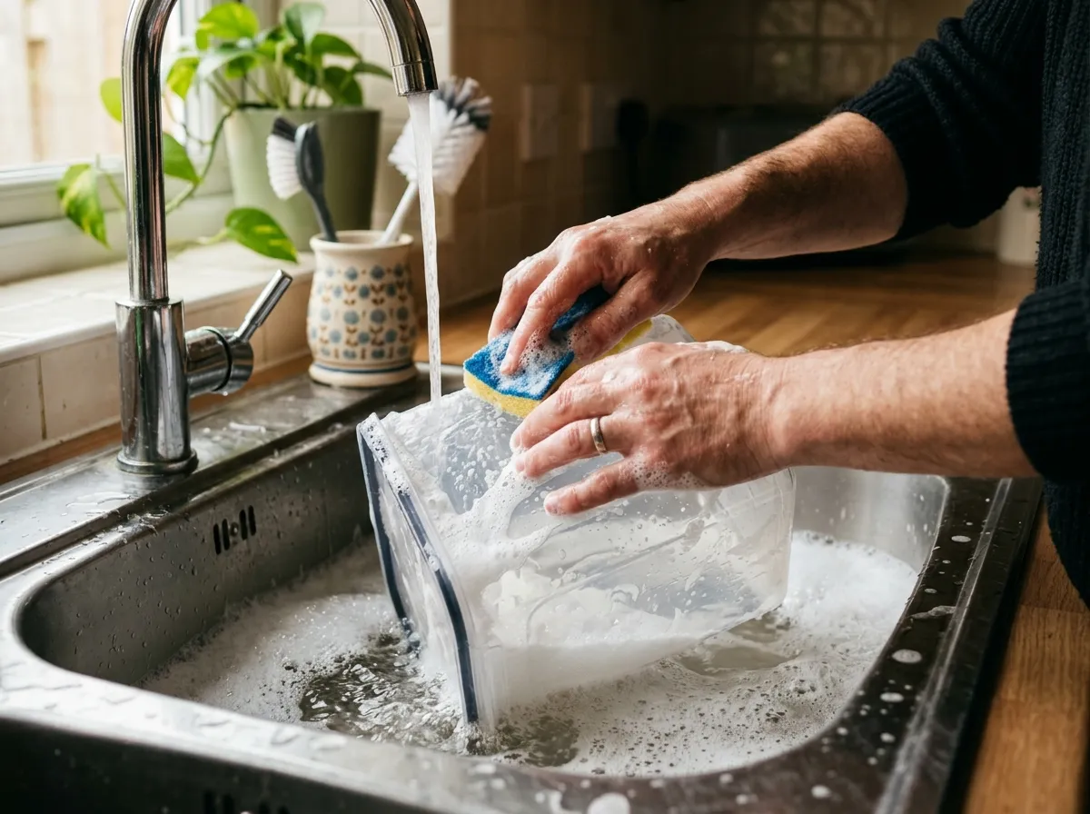 Nettoyage à l'eau chaude savonneuse d'un contenant à croquettes vide dans un évier