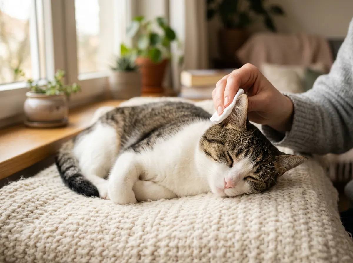 Chat détendu se laissant nettoyer délicatement l'oreille avec un coton