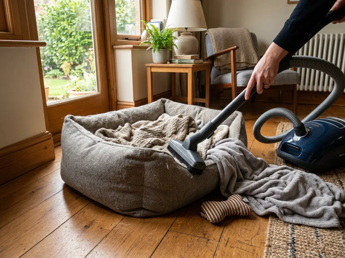 Panier et textiles du chien nettoyés à l'aspirateur dans un salon lumineux