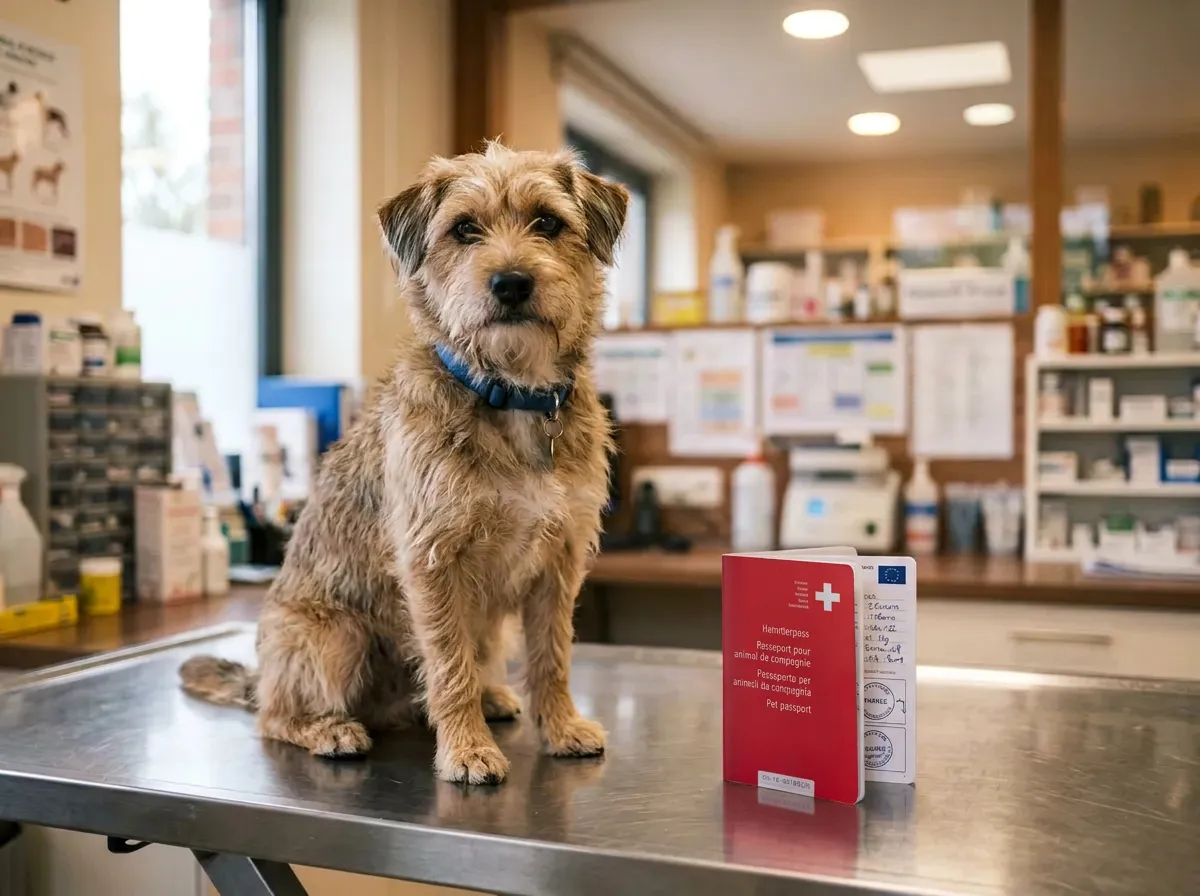 Hund sitzt auf einem Untersuchungstisch neben dem schweizerischen Heimtierpass
