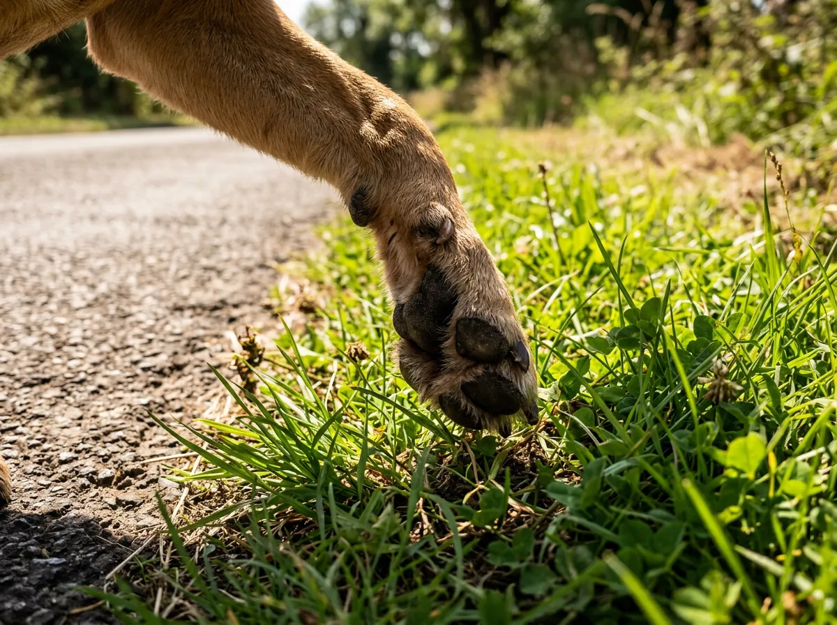 Nahaufnahme der Pfoten eines Hundes, der im Sommer auf Gras neben einer Strasse läuft