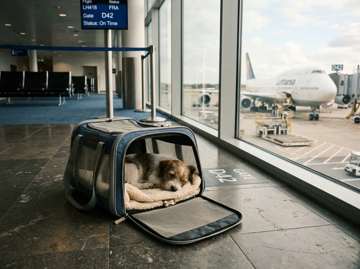 Kleiner Hund in einer halb offenen weichen Transporttasche am Boden eines Flughafens, Flugzeug durch die Glasfront sichtbar