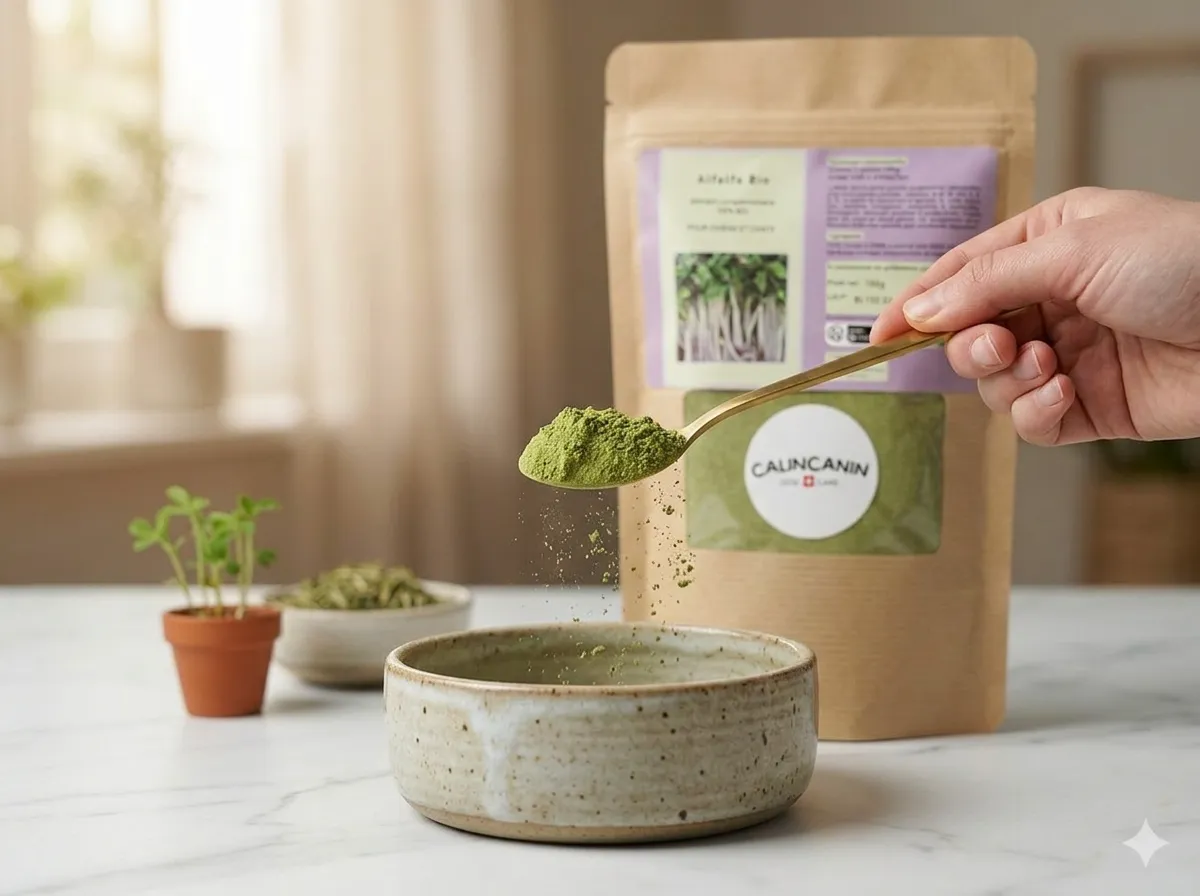 Cuillère de poudre d'alfalfa bio verte versée au-dessus d'une gamelle pour chat