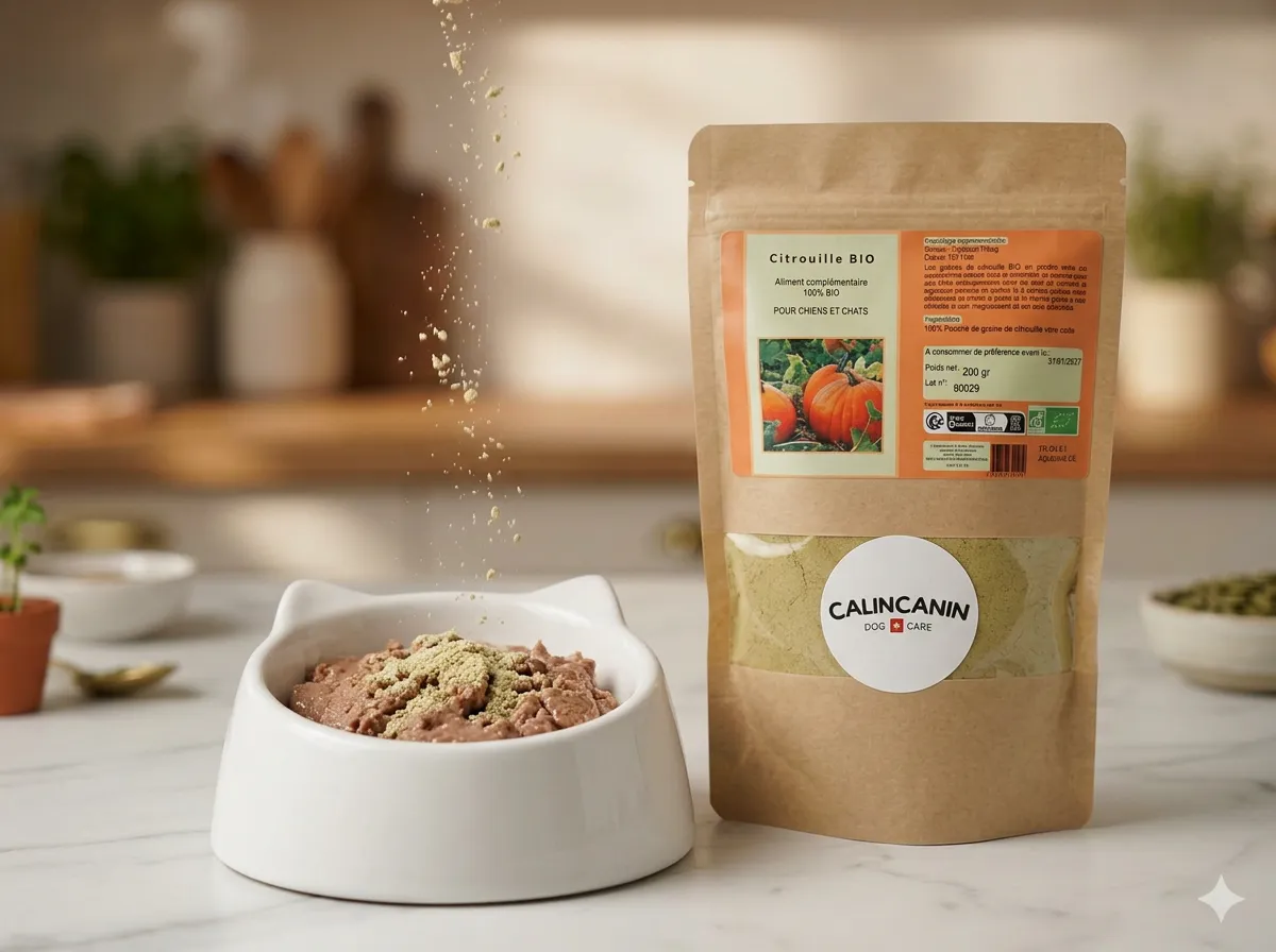 Poudre de citrouille bio saupoudrée sur une pâtée pour chat dans une gamelle en céramique