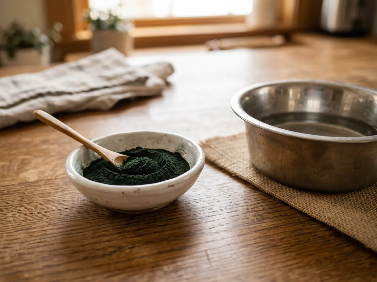 Poudre de spiruline vert foncé dans une coupelle à côté d'une gamelle de chien