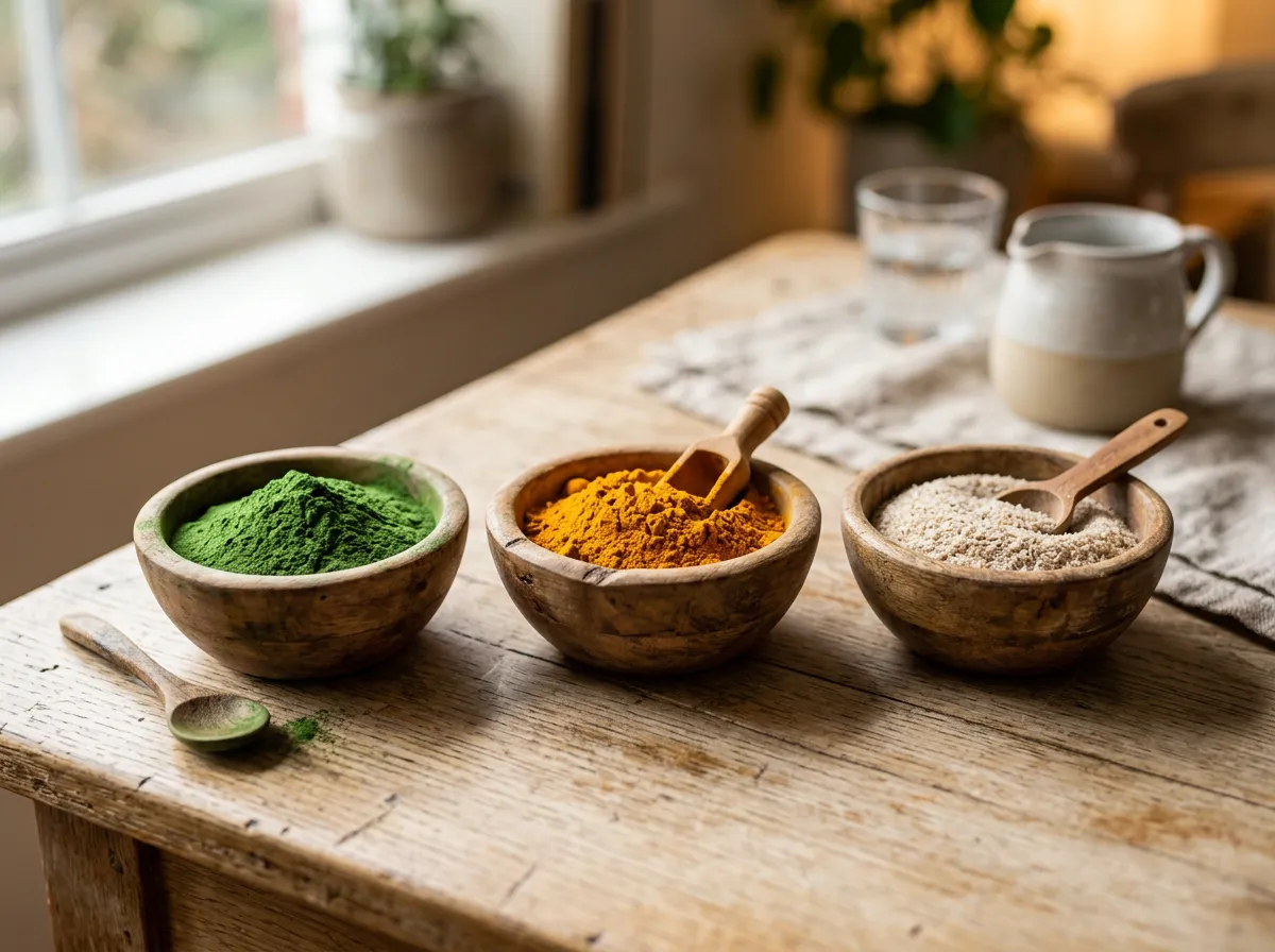 Poudres naturelles de spiruline, curcuma et psyllium dans des coupelles en bois