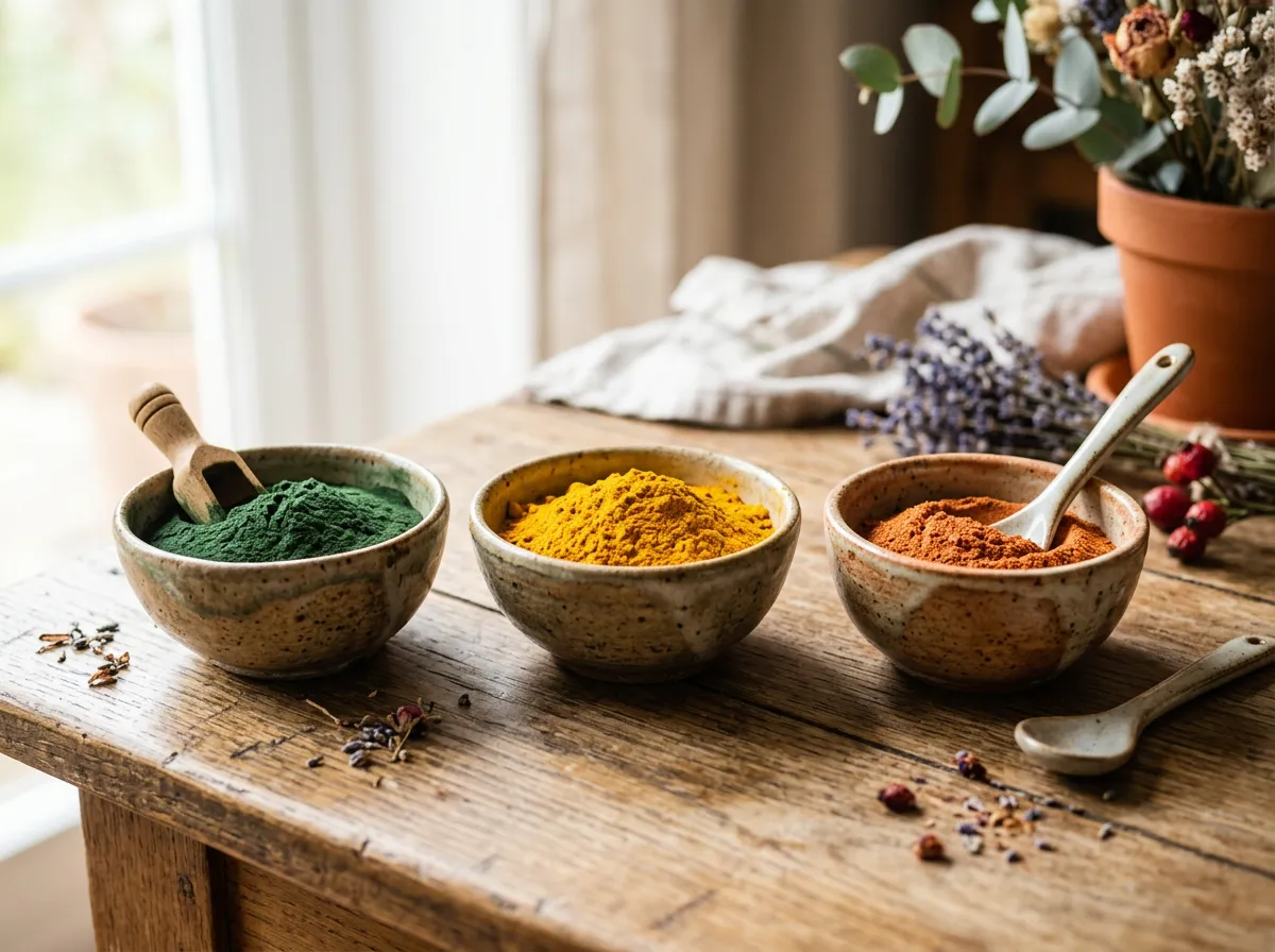 Trois bols de poudres végétales bio, spiruline verte, curcuma jaune et cynorrhodon orangé