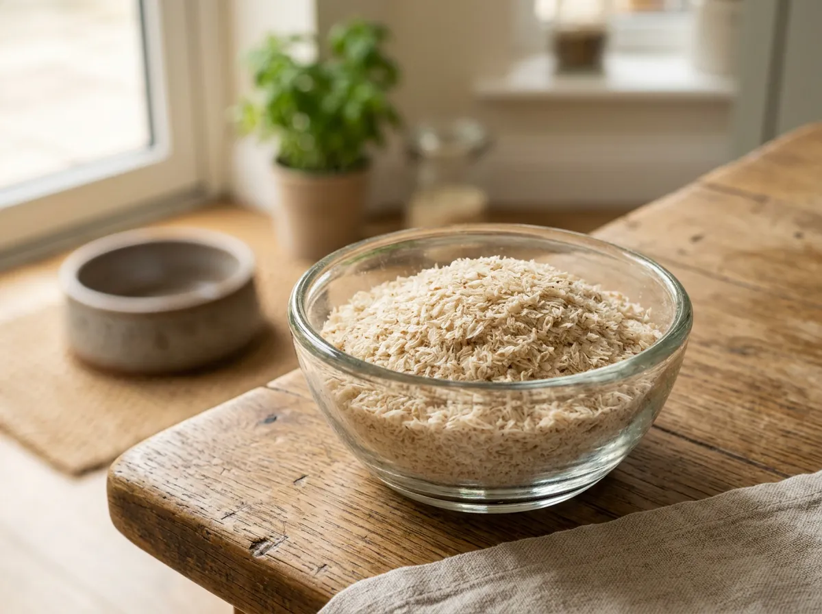 Téguments de psyllium blond dans un bol en verre avec une gamelle de chien floue en arrière-plan