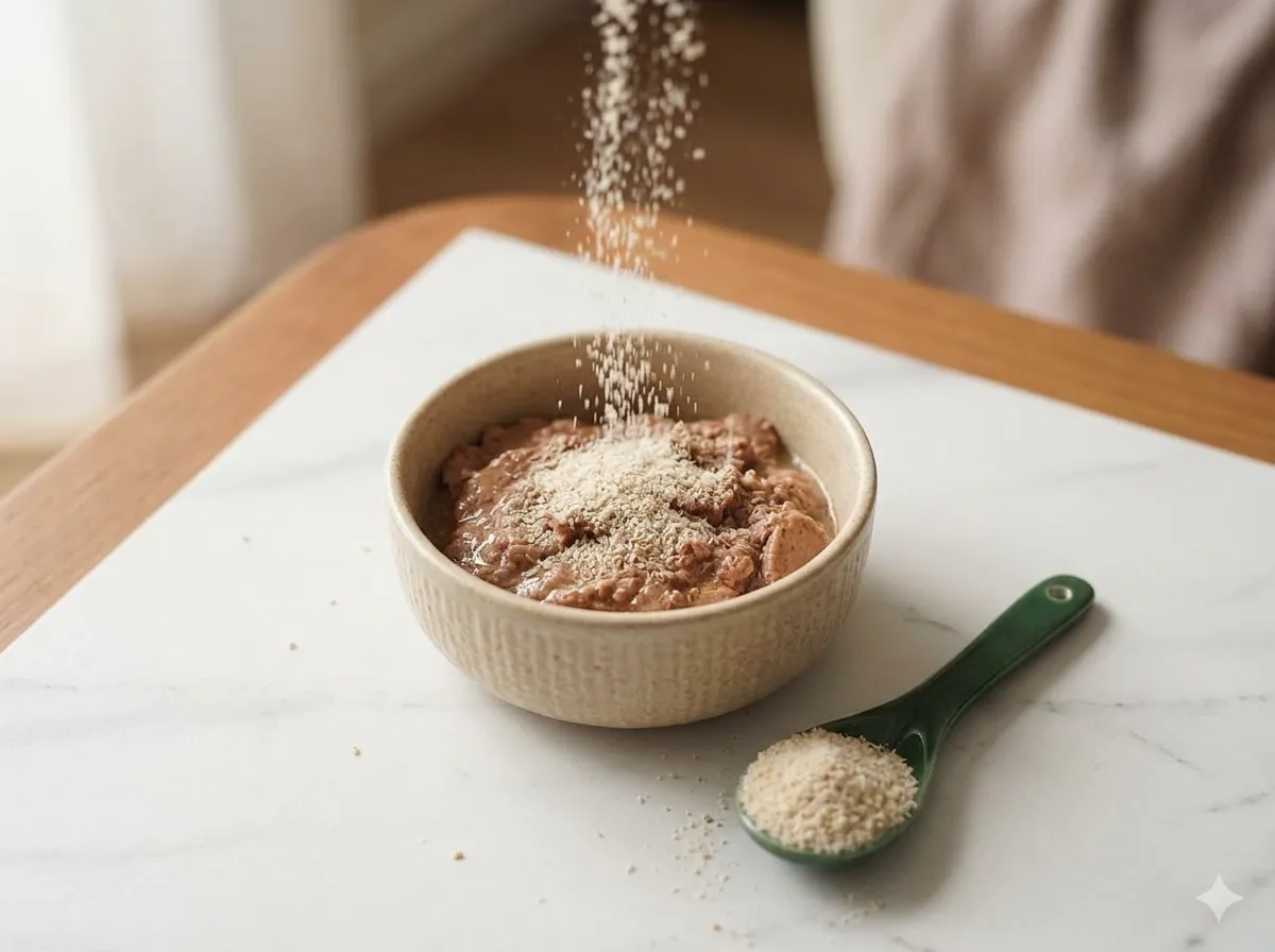 Poudre de psyllium blond saupoudrée sur une gamelle de pâtée pour chat avec cuillère doseuse