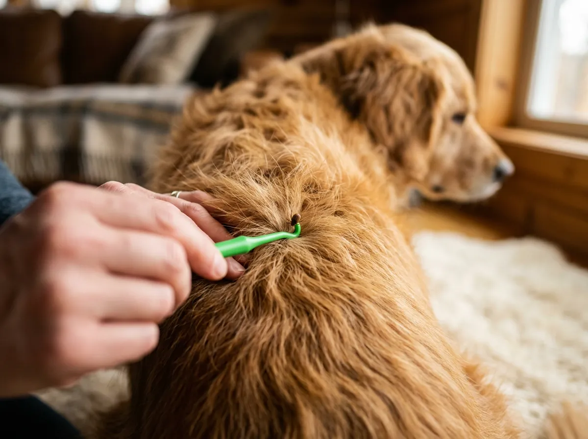 Retrait d'une tique sur un chien à l'aide d'un tire-tique