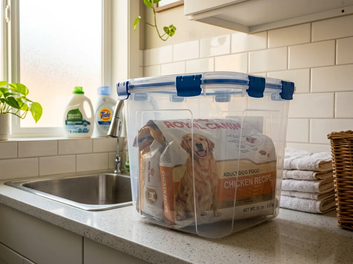 Sac de croquettes replié rangé dans une boîte hermétique à couvercle rigide dans une buanderie claire