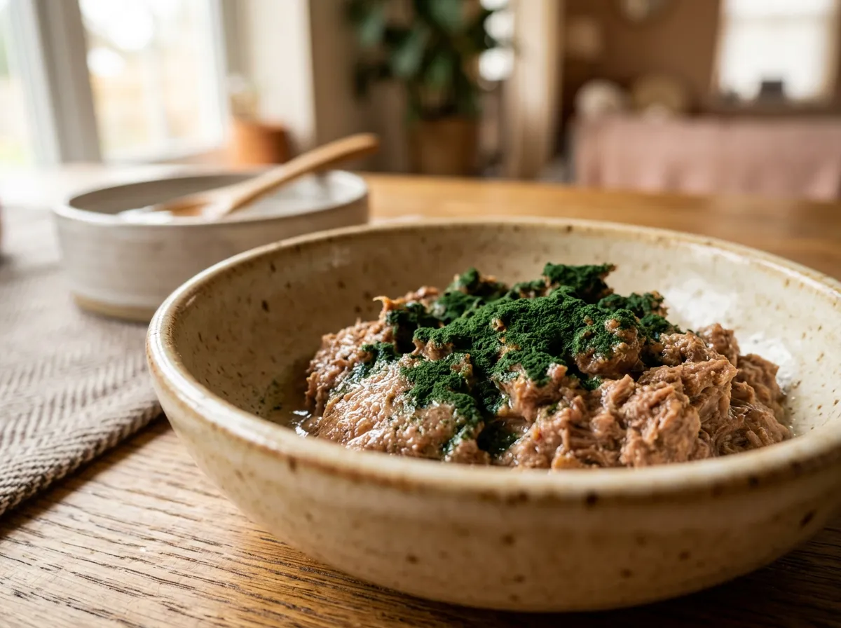 Petite dose de spiruline en poudre verte mélangée à la pâtée d'un chat dans une gamelle