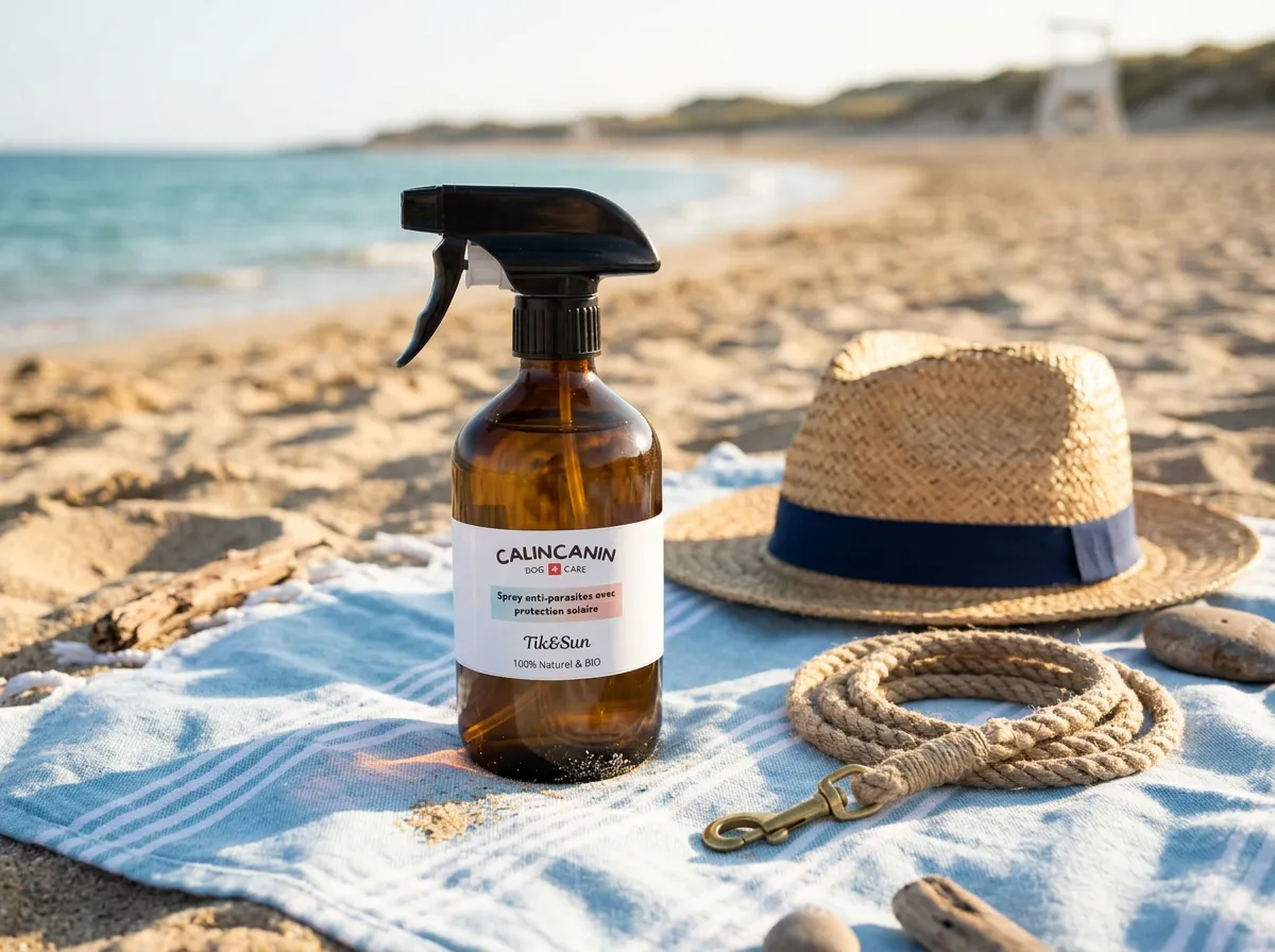 Natürliches Anti-Parasiten-Spray Tik&Sun auf einem Handtuch neben Leine und Strandhut