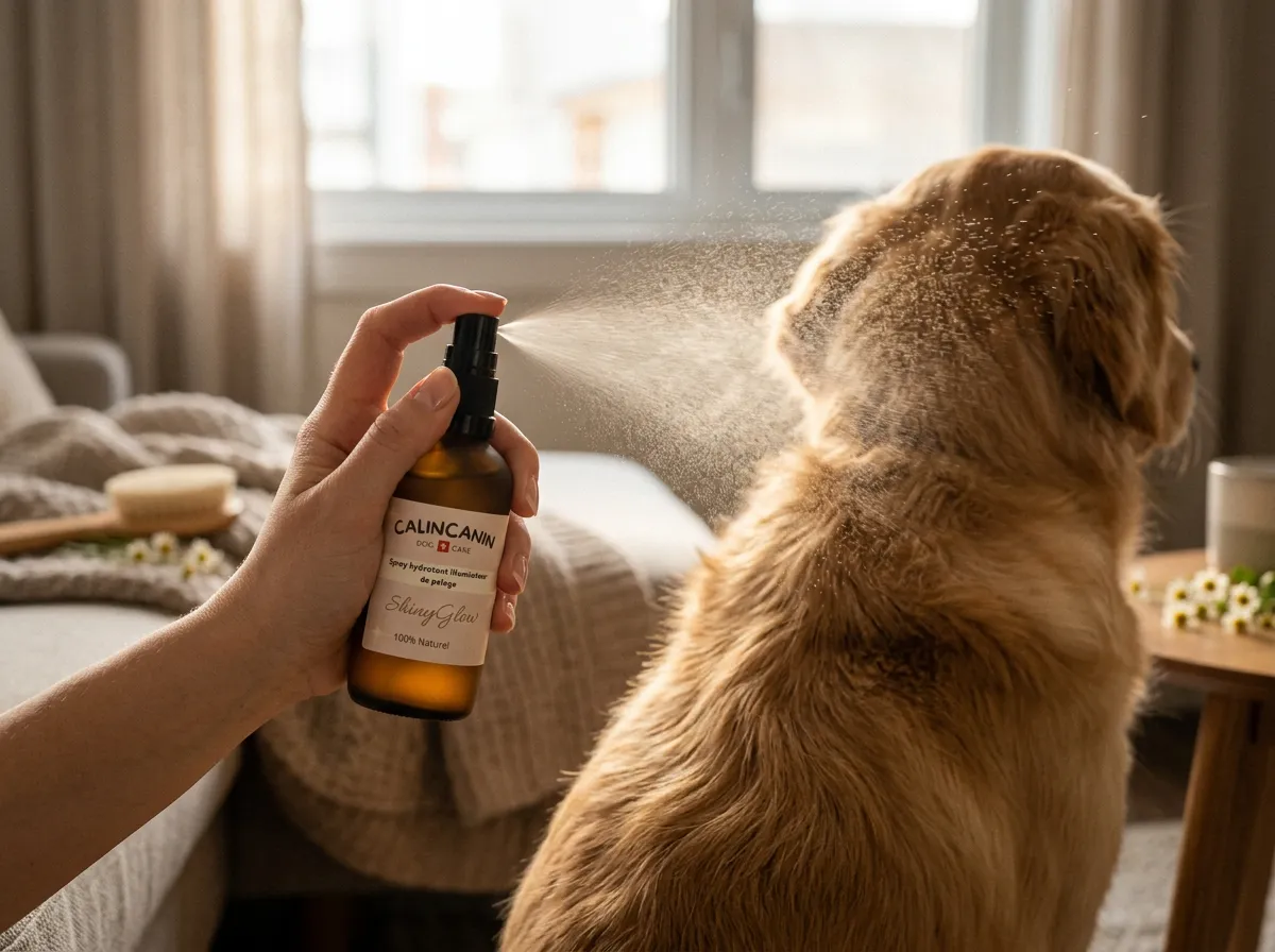 Pulvérisation du spray hydratant ShinyGlow sur le dos d'un chien au pelage sain
