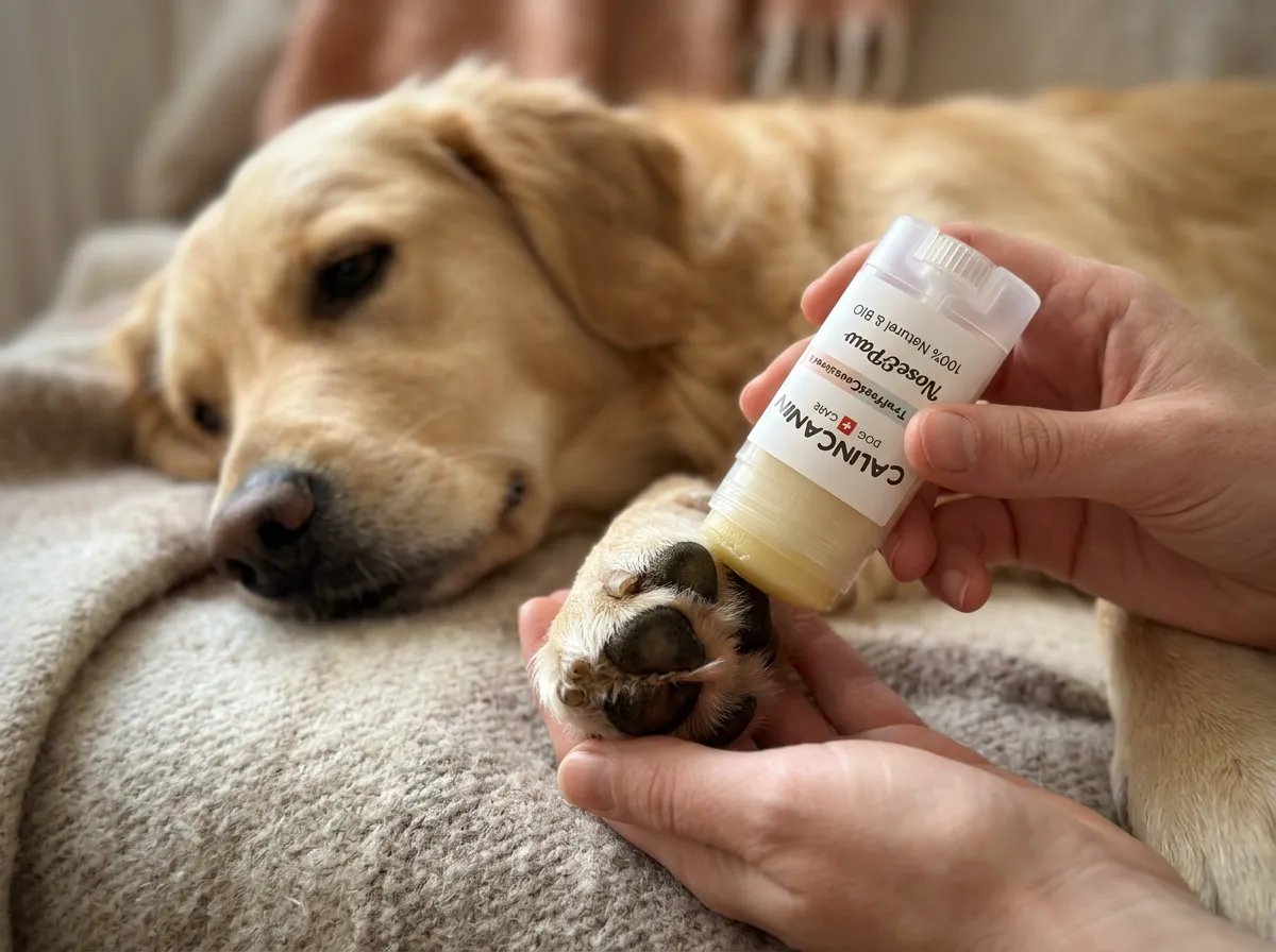 Auftragen des Reparatursticks Calin-Canin auf den Pfotenballen eines entspannt liegenden Hundes