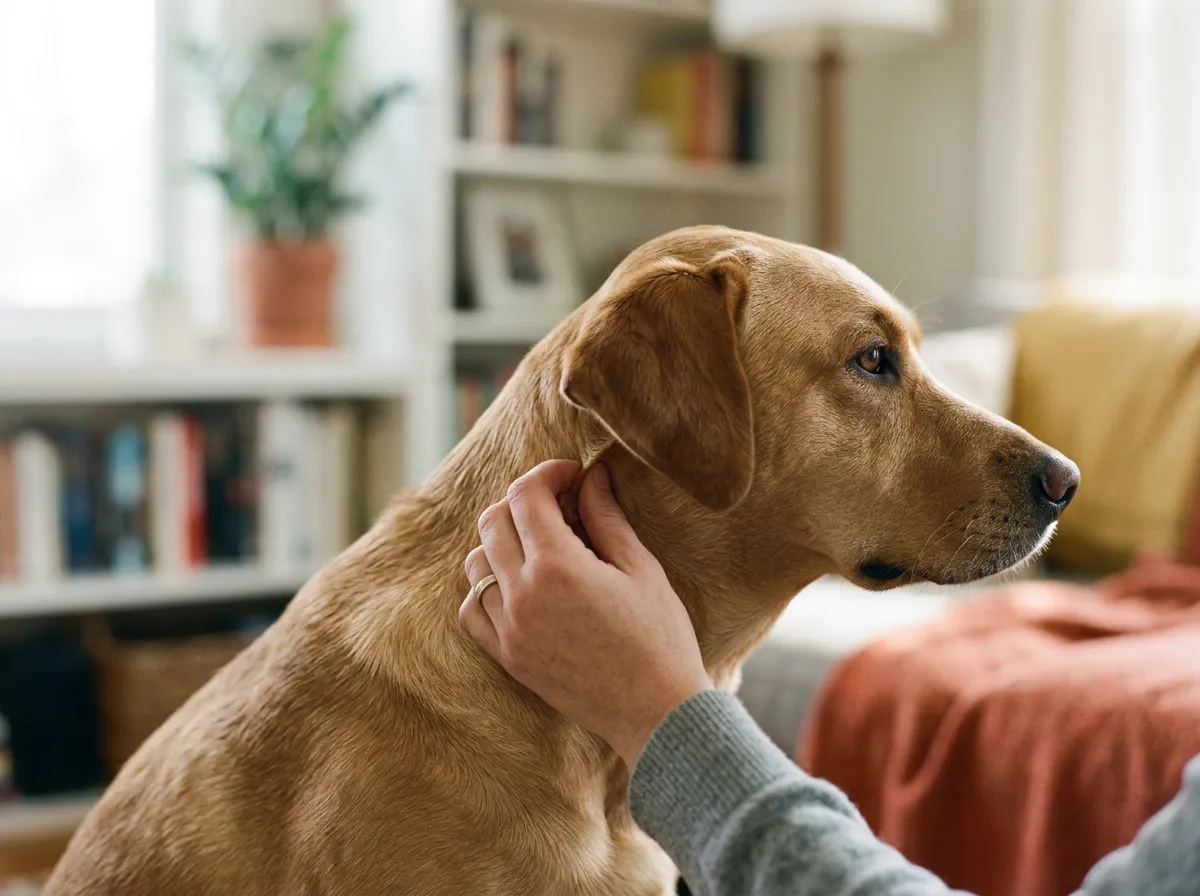 Hand testet sanft die Hautfalte am Nacken eines aufmerksamen Hundes in Innenräumen