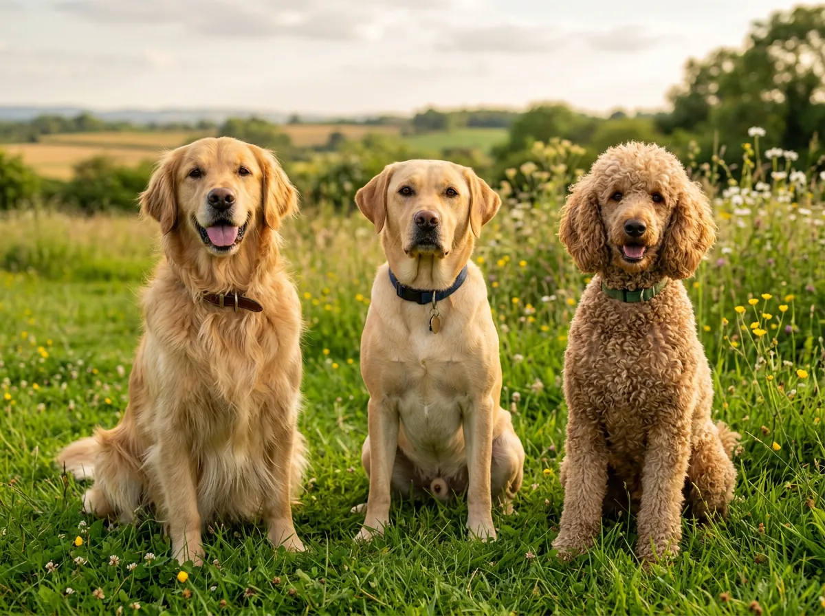 Trois chiens aux poils différents assis côte à côte : long, court et bouclé