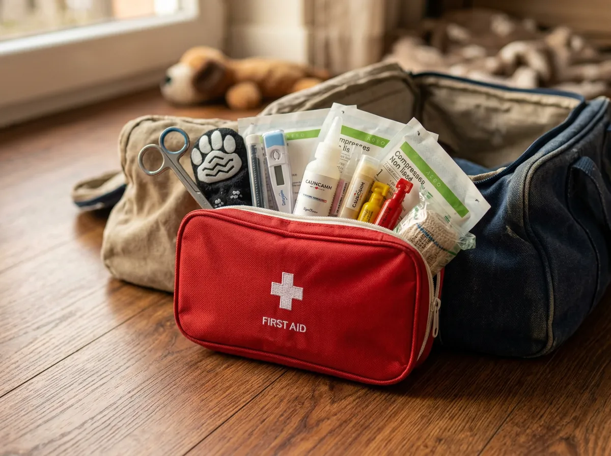 Rote Erste-Hilfe-Tasche für Hunde neben einem offenen Reisesack