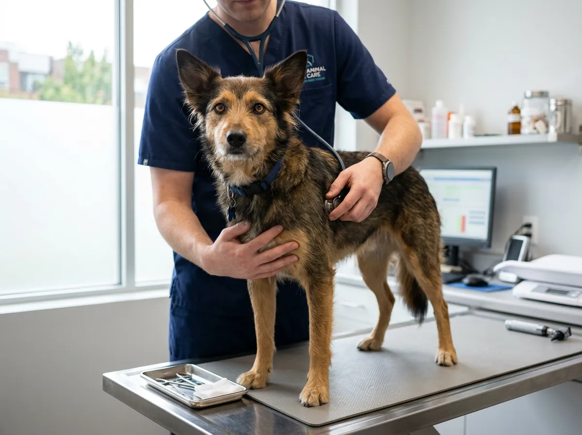 Vétérinaire auscultant un chien attentif avec un stéthoscope dans un cabinet lumineux