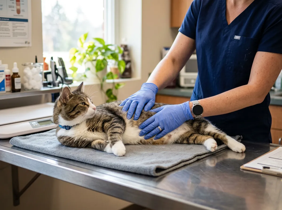 Vétérinaire palpant doucement l'abdomen d'un chat sur une table d'examen